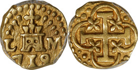 PERU. Cob Escudo, 1719/8-L M. Lima Mint. Philip V. PCGS AU-50.
Fr-10; KM-35; Cal-1677. Overdate variety. Weight: 3.3 gms. A great survivor, this smal...