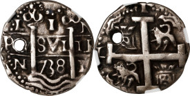 PERU. "Royal" Presentation Cob Real, 1738-L N. Lima Mint. Philip V. NGC EF Details--Holed.
KM-R31A; Cal-376 (this coin illustrated). Weight: 2.78 gms...