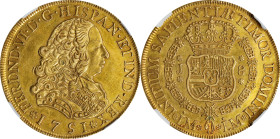 PERU. 8 Escudos, 1751-LM J. Lima Mint. Ferdinand VI. NGC AU-55.
Fr-16; KM-50; Cal-764. Representing the first year of issue for the milled coinage pr...
