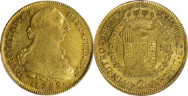 PERU. 8 Escudos, 1789-LM IJ. Lima Mint. Charles III. PCGS AU-55.
Fr-32; KM-82.1A; Cal-1954. Emanating from the final year of issue for Charles III, t...