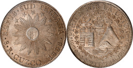 PERU. South Peru. 8 Reales, 1838-CUZCO MS. Cuzco Mint. NGC MS-63.
KM-170.4. Presenting a scintillating strike and eye appeal that is seemingly unriva...