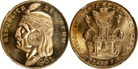 PERU. 50 Soles, 1967. Lima Mint. NGC MS-66.
Fr-77; KM-219. An always supremely popular type, this Gem example glistens with a wholesome shimmer and s...