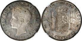 PUERTO RICO. 40 Centavos, 1896-PG V. Madrid Mint. Alfonso XIII. NGC MS-61.
KM-23; Cal-127. A beautiful Mint State example, this impressive example de...
