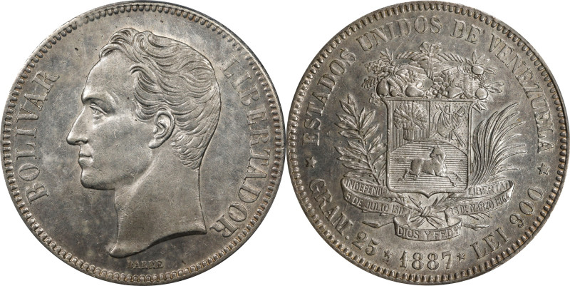 VENEZUELA. 5 Bolivares, 1887. Caracas Mint. PCGS AU-55.
KM-Y-24.1. A difficult ...