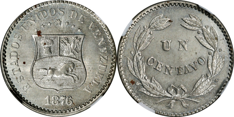 VENEZUELA. Centavo, 1876. Philadelphia Mint. NGC MS-64.
KM-Y-25. A two year typ...