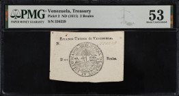 VENEZUELA. Estados-Unidos de Venezuela. 2 Reales, ND (1811). P-2. Rosenman 12. PMG About Uncirculated 53.
No. 336229. Signature on reverse. This chan...