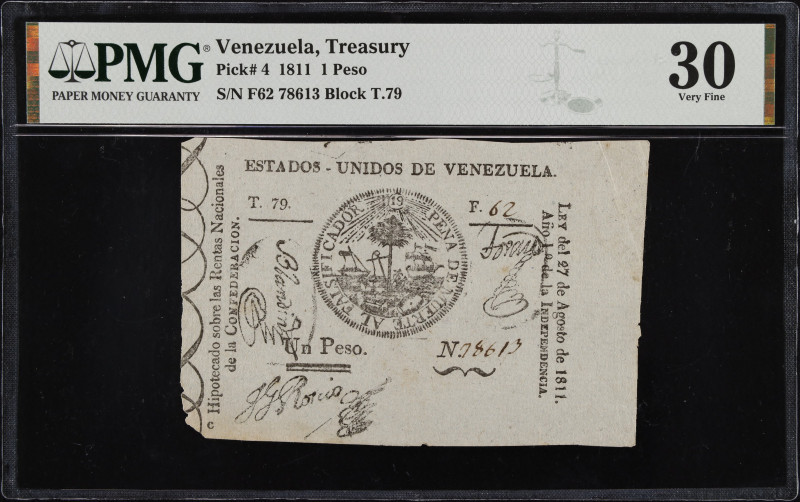 VENEZUELA. Estados-Unidos de Venezuela. 1 Peso, 1811. P-4. Rosenman 1. PMG Very ...