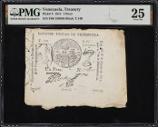 VENEZUELA. Estados-Unidos de Venezuela. 1 Peso, 1811. P-4. Rosenman 1. PMG Very Fine 25.
No. F86 139848, Block T.140. This 1 Peso note was printed on...