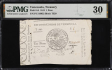 VENEZUELA. Estados-Unidos de Venezuela. 1 Peso, 1811. P-4A. Rosenman 7. PMG Very Fine 30.
No. F6 319052, Block T320. Printed signatures of Sata, Alus...