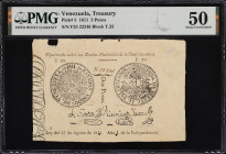 VENEZUELA. Estados-Unidos de Venezuela. 2 Pesos, 1811. P-5. Rosenman 2. PMG About Uncirculated 50.
No. F25 22246, Block T.23. Signatures of Sata, Alu...