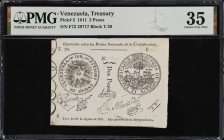 VENEZUELA. Estados-Unidos de Venezuela. 2 Pesos, 1811. P-5. Rosenman 2. PMG Choice Very Fine 35.
No. F72 29718, Block T.30. Printed on blue hued pape...