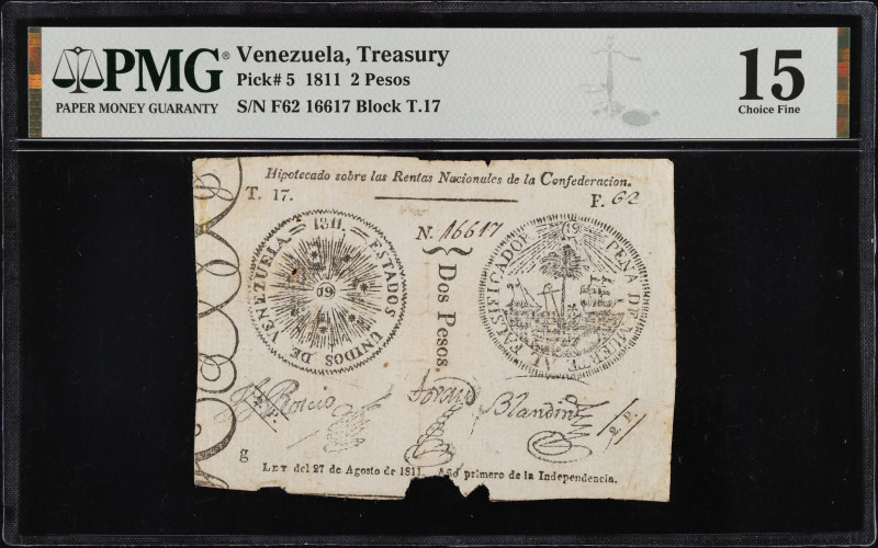VENEZUELA. Estados-Unidos de Venezuela. 2 Pesos, 1811. P-5. Rosenman 2. PMG Choi...
