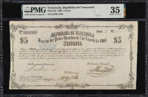 VENEZUELA. Republica de Venezuela. 5 Pesos, 1860. P-20. Rosenman 36. PMG Choice Very Fine 35.
Provincia de Yaracuy. Out of 13 notes graded by PMG for...