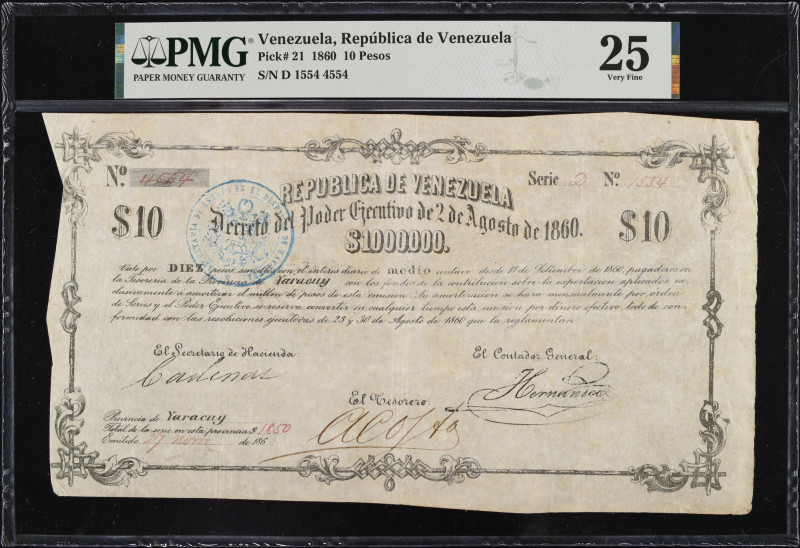 VENEZUELA. Republica de Venezuela. 10 Pesos, 1860. P-21. Rosenman 37. PMG Very F...