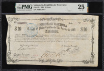 VENEZUELA. Republica de Venezuela. 10 Pesos, 1860. P-21. Rosenman 37. PMG Very Fine 25.
Provincia de Yaracuy. This is the plate note for the book Bil...