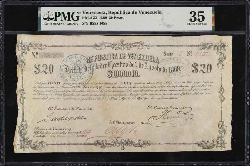 VENEZUELA. Republica de Venezuela. 20 Pesos, 1860. P-22. Rosenman 38. PMG Choice...