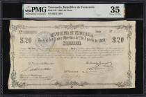 VENEZUELA. Republica de Venezuela. 20 Pesos, 1860. P-22. Rosenman 38. PMG Choice Very Fine 35.
Provincia de Yaracuy. Only two examples of this elusiv...