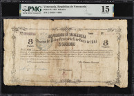 VENEZUELA. Republica de Venezuela. 8 Reales, 1861. P-25. Rosenman 40. PMG Choice Fine 15.
The front of this note was used to illustrate the obverse f...