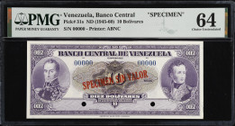 VENEZUELA. Banco Central De Venezuela. 10 Bolivares, ND (1945-60). P-31s. Rosenman 161. Specimen. PMG Choice Uncirculated 64.
Printed by ABNC. Purple...