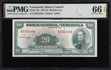 VENEZUELA. Banco Central De Venezuela. 20 Bolívares, 1947. P-32a. Rosenman 166. PMG Gem Uncirculated 66 EPQ.
Printed by ABNC. Dated May 8, 1947. Out ...