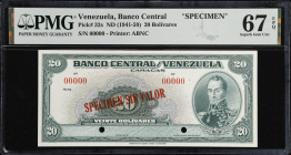 VENEZUELA. Banco Central De Venezuela. 20 Bolívares, ND (1941-59). P-32s. Rosenman 166. Specimen. PMG Superb Gem Uncirculated 67 EPQ.
Printed by ABNC...