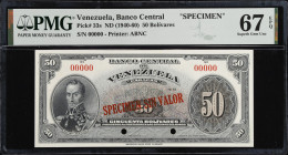 VENEZUELA. Banco Central De Venezuela. 50 Bolivares, ND (1940-60). P-33s. Specimen. PMG Superb Gem Uncirculated 67 EPQ.
Printed by ABNC. Red specimen...