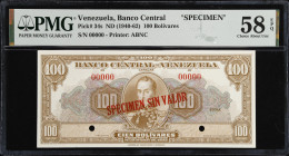 VENEZUELA. Banco Central De Venezuela. 100 Bolívares, ND (1940-62). P-34s. Specimen. PMG Choice About Uncirculated 58 EPQ.
Printed by ABNC. Red speci...