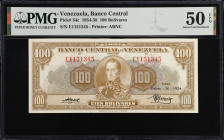 VENEZUELA. Banco Central De Venezuela. 100 Bolívares, 1954. P-34c. PMG About Uncirculated 50 EPQ.
Printed by ABNC. Dated December 16, 1954.
From the...