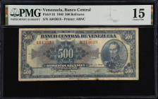 VENEZUELA. Banco Central De Venezuela. 500 Bolivares, 1940. P-35. PMG Choice Fine 15.
Printed by ABNC. Dated December 21, 1940. Blue primary design. ...