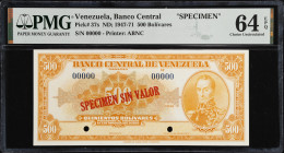 VENEZUELA. Banco Central De Venezuela. 500 Bolívares, ND (1947-71). P-37s. Specimen. PMG Choice Uncirculated 64 EPQ.
Printed by ABNC. Red specimen ov...