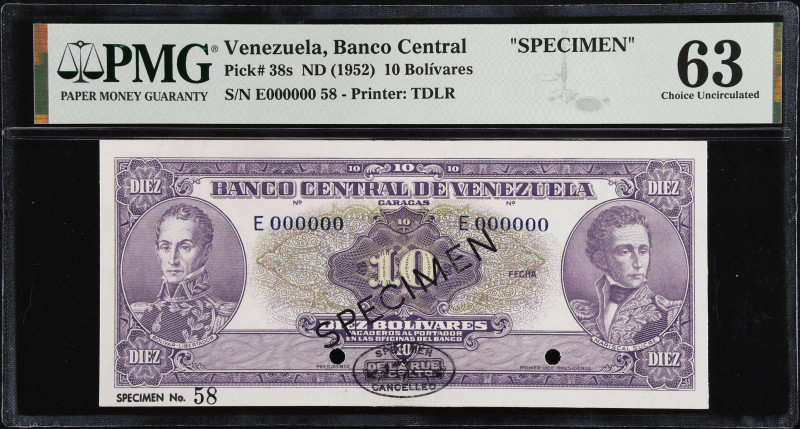 VENEZUELA. Banco Central De Venezuela. 10 Bolivares, ND (1952). P-38s. Specimen....