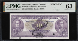 VENEZUELA. Banco Central De Venezuela. 10 Bolivares, ND (1952). P-38s. Specimen. PMG Choice Uncirculated 63.
Printed by TDLR. Specimen No. 58. A mere...