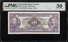 VENEZUELA. Banco Central De Venezuela. 10 Bolivares, 1952. P-38. PMG About Uncirculated 50.
Printed by TDLR. Eight examples of this issued Bolivar or...