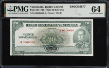 VENEZUELA. Banco Central De Venezuela. 20 Bolivares, ND (1952). P-39s. Rosenman 167. Specimen. PMG Choice Uncirculated 64.
Printed by TDLR. Specimen ...