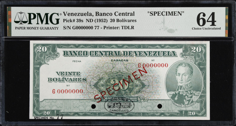 VENEZUELA. Banco Central De Venezuela. 20 Bolivares, ND (1952). P-39s. Rosenman ...