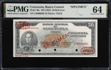 VENEZUELA. Banco Central De Venezuela. 50 Bolivares, ND (1953). P-40s. Rosenman 173. Specimen. PMG Choice Uncirculated 64.
Printed by TDLR. Specimen ...