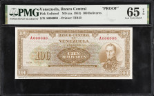 VENEZUELA. Banco Central De Venezuela. 100 Bolivares, ND (1953). P-Unlisted. Proof. PMG Gem Uncirculated 65 EPQ.
Printed by TDLR. A neat piece of his...