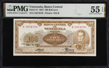 VENEZUELA. Banco Central De Venezuela. 100 Bolivares, 1953. P-41. Rosenman 178. PMG About Uncirculated 55 EPQ.
The July 23, 1953 date was the first a...