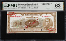 VENEZUELA. Banco Central De Venezuela. 100 Bolívares, ND (1953). P-41s. Rosenman 178. Specimen. PMG Choice Uncirculated 63.
Printed by TDLR. Specimen...