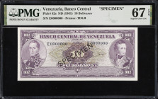 VENEZUELA. Banco Central De Venezuela. 10 Bolivares, ND (1952). P-42s. Specimen. PMG Superb Gem Uncirculated 67 EPQ.
Printed by TDLR. Black specimen ...