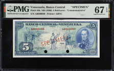 VENEZUELA. Banco Central De Venezuela. 5 Bolivares, ND (1966). P-49s. Commemorative. Specimen. PMG Superb Gem Uncirculated 67 EPQ.
Printed by ABNC. C...