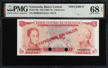 VENEZUELA. Banco Central De Venezuela. 5 Bolivares, ND (1968-74). P-50s. Specimen. PMG Superb Gem Uncirculated 68 EPQ.
Printed by TDLR (with imprint)...