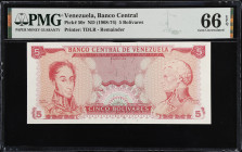 VENEZUELA. Banco Central De Venezuela. 5 Bolivares, ND (1968-74). P-50r. Remainder. PMG Gem Uncirculated 66 EPQ.
Printed by TDLR (with imprint). Rema...