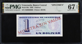 VENEZUELA. Banco Central De Venezuela. 1 Bolivar, 1989. P-68s. Specimen. PMG Superb Gem Uncirculated 67 EPQ.
Printed by BDDK. One of three notes grad...