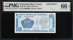 VENEZUELA. Banco Central De Venezuela. 2 Bolívares, 1989. P-69s. Specimen. PMG Gem Uncirculated 66 EPQ.
Printed by USBNC. PMG Pop 2/3 Finer.
From th...