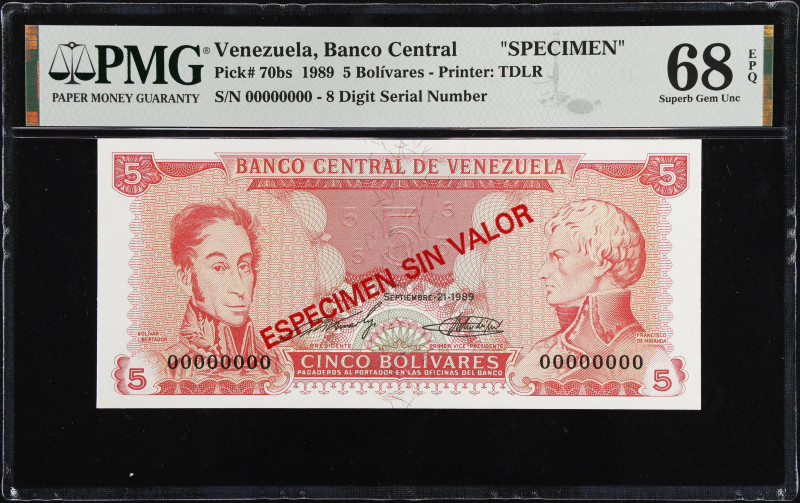 VENEZUELA. Banco Central De Venezuela. 5 Bolivares, 1989. P-70bs. Specimen. PMG ...