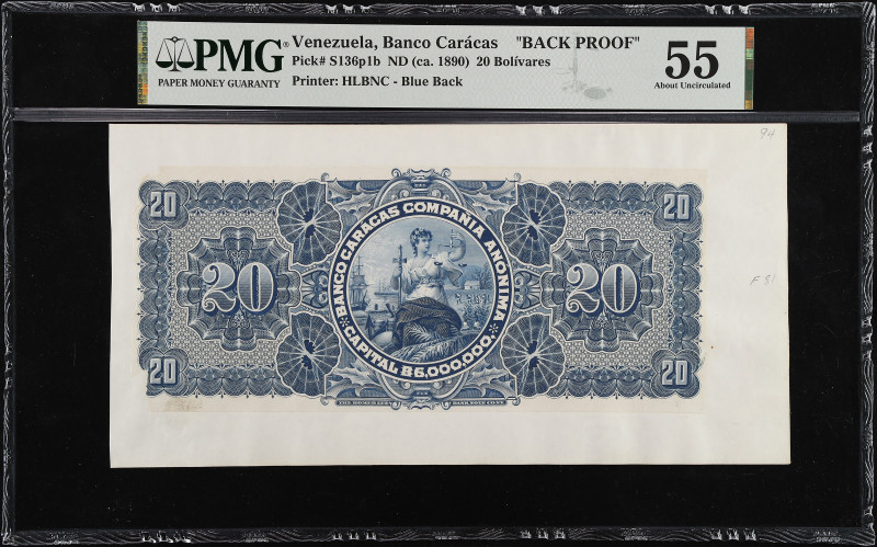 VENEZUELA. Banco Caracas. 20 Bolivares, ND (ca 1890). P-S136p1b. Back Proof. PMG...