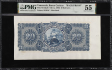 VENEZUELA. Banco Caracas. 20 Bolivares, ND (ca 1890). P-S136p1b. Back Proof. PMG About Uncirculated 55.
Printed by HLBNC. Blue back. PMG comments "Ed...