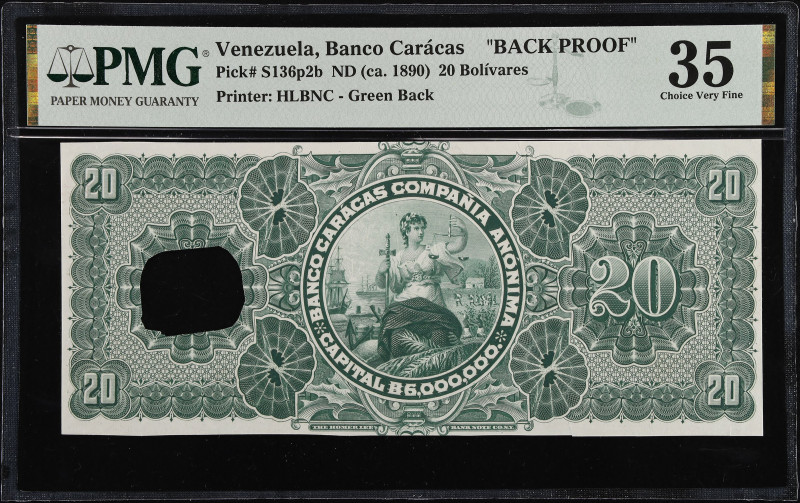 VENEZUELA. Banco Caracas. 20 Bolivares, ND (ca 1890). P-S136p2b. Back Proof. PMG...