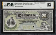 VENEZUELA. Banco Caracas. 20 Bolivares, ND (1914). P-S147p1. Front Proof. PMG Uncirculated 62.
Printed by HLBNC. PMG comments "Tear".
From the Rosen...